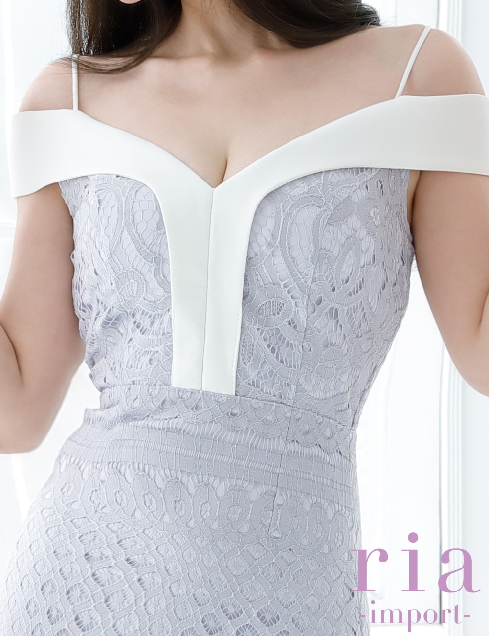 【ria】丈長/ドレス/ワンピース/ブルー/ホワイト/オフショル/レース