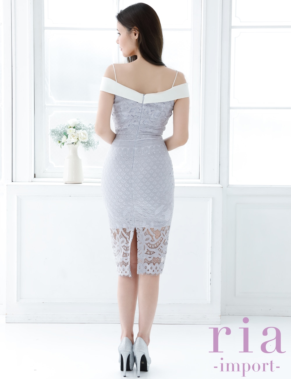 【ria】丈長/ドレス/ワンピース/ブルー/ホワイト/オフショル/レース