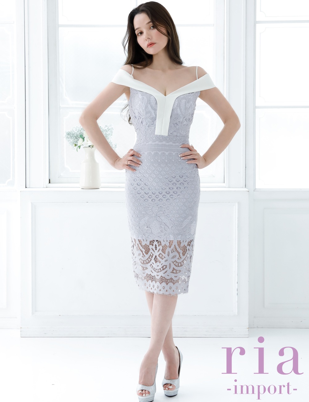 【ria】丈長/ドレス/ワンピース/ブルー/ホワイト/オフショル/レース