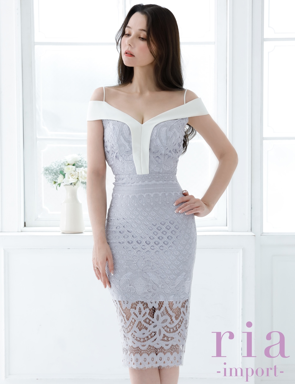 【ria】丈長/ドレス/ワンピース/ブルー/ホワイト/オフショル/レース