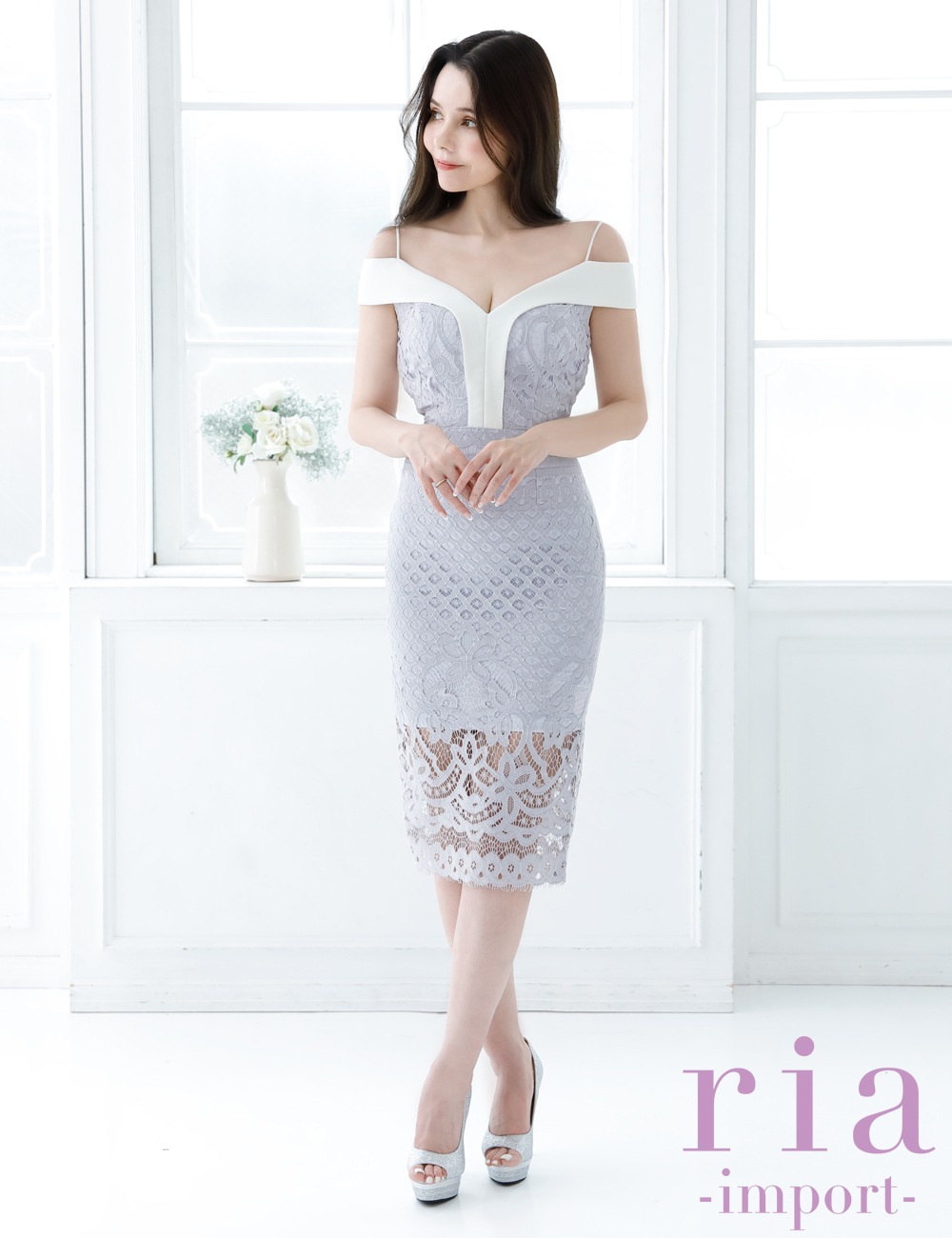 【ria】丈長/ドレス/ワンピース/ブルー/ホワイト/オフショル/レース