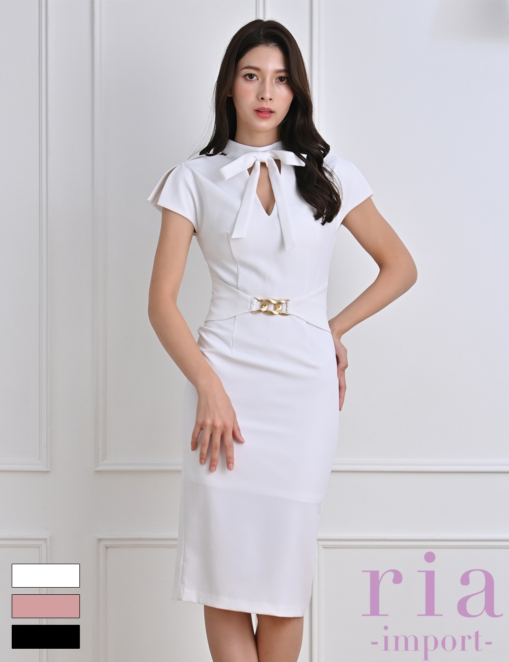 ria】丈長/ドレス/ワンピース/ホワイト/リボン/フロントカットアウト  