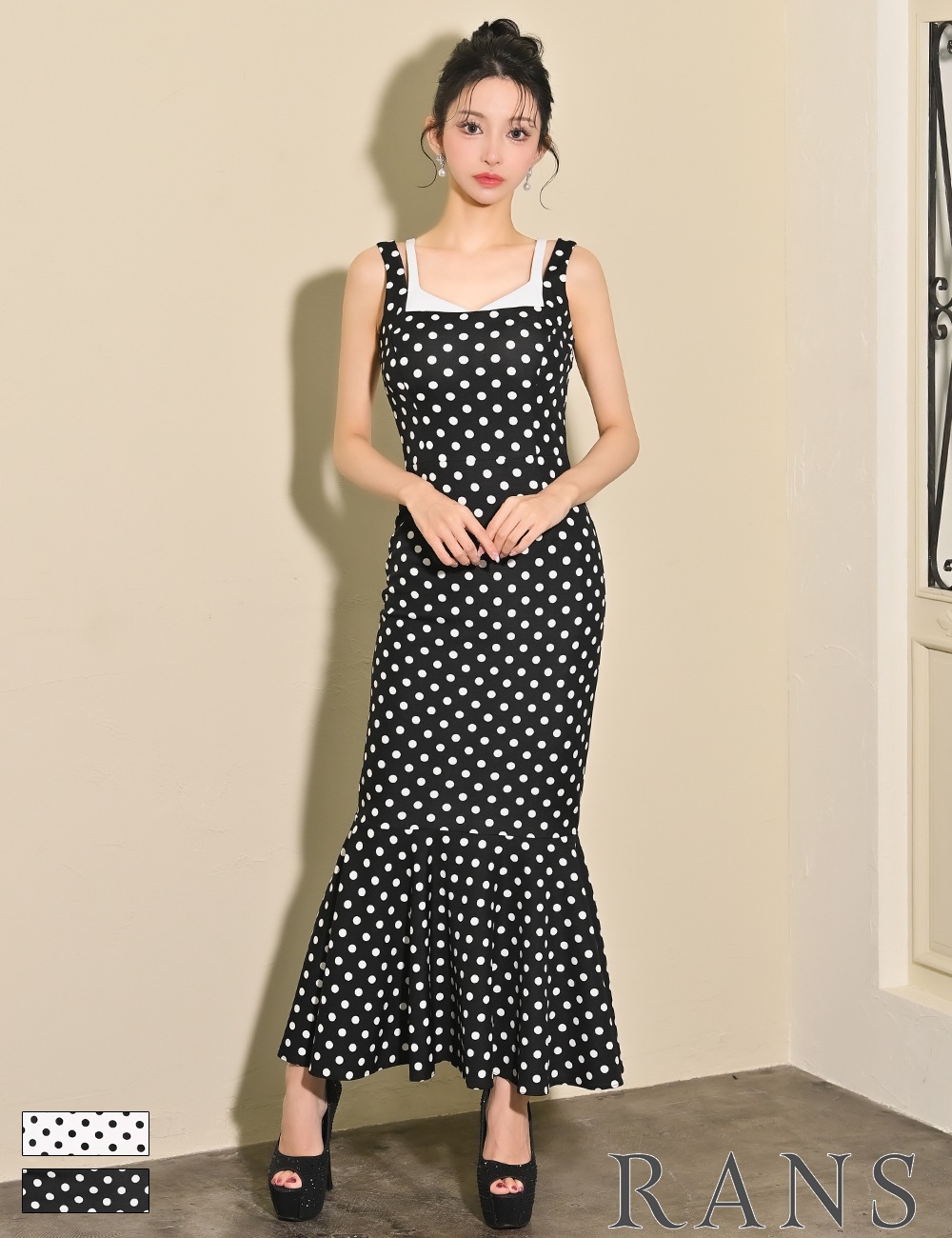 [Sのみ即納][instock]【RANS】ロング/ドレス/ワンピース/ブラック/キャミ/マーメイド/ドット
