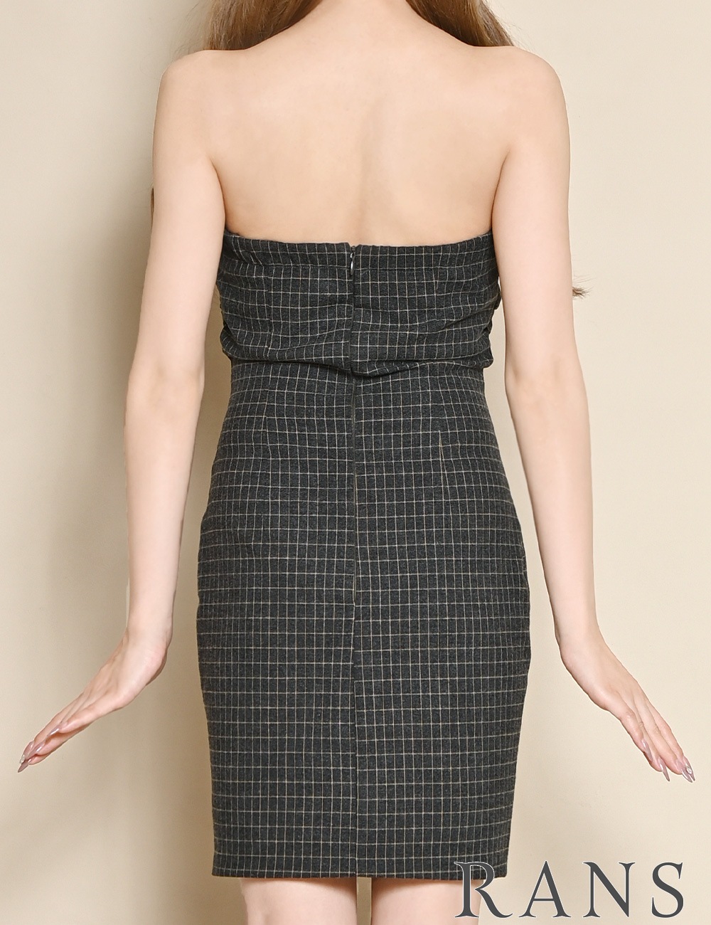 [即納][instock]【RANS】ミニ/ドレス/ワンピース/グレー/ベア/タイト/ワッフル生地/柄/チェック/ウィンドウペーン