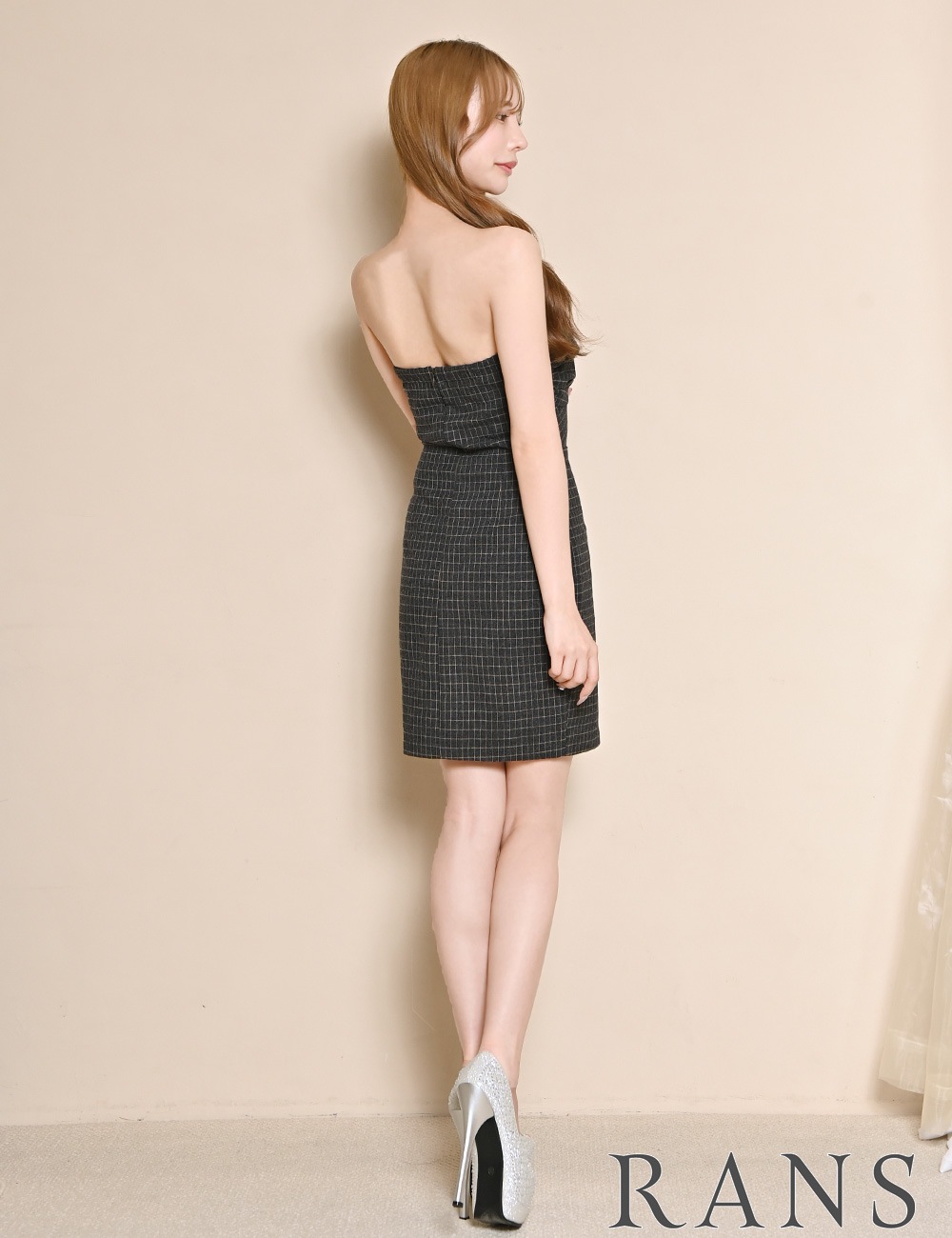 [即納][instock]【RANS】ミニ/ドレス/ワンピース/グレー/ベア/タイト/ワッフル生地/柄/チェック/ウィンドウペーン