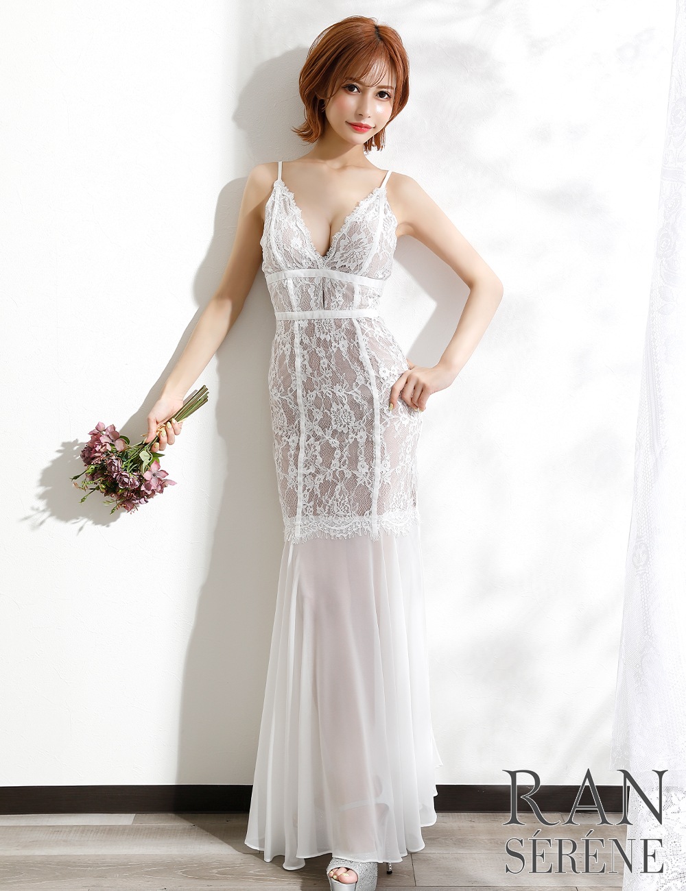 [Sのみ即納][instock]【RAN SERENE】ロング/ドレス/ワンピース/ホワイト/シアー切り替え/マーメイド/コルセット風/レース