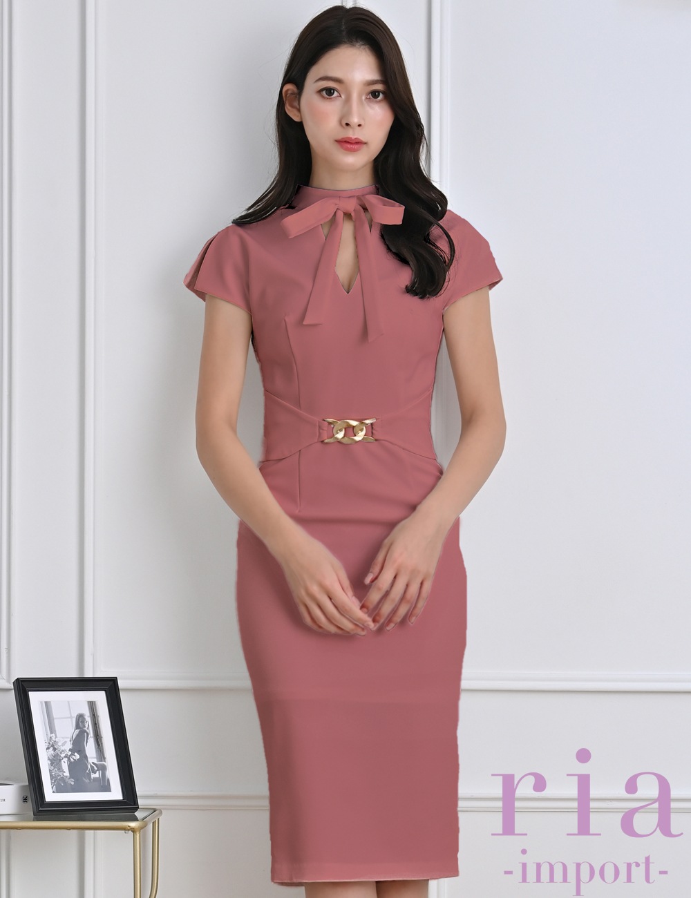 ria】丈長/ドレス/ワンピース/ピンク/リボン/フロントカットアウト