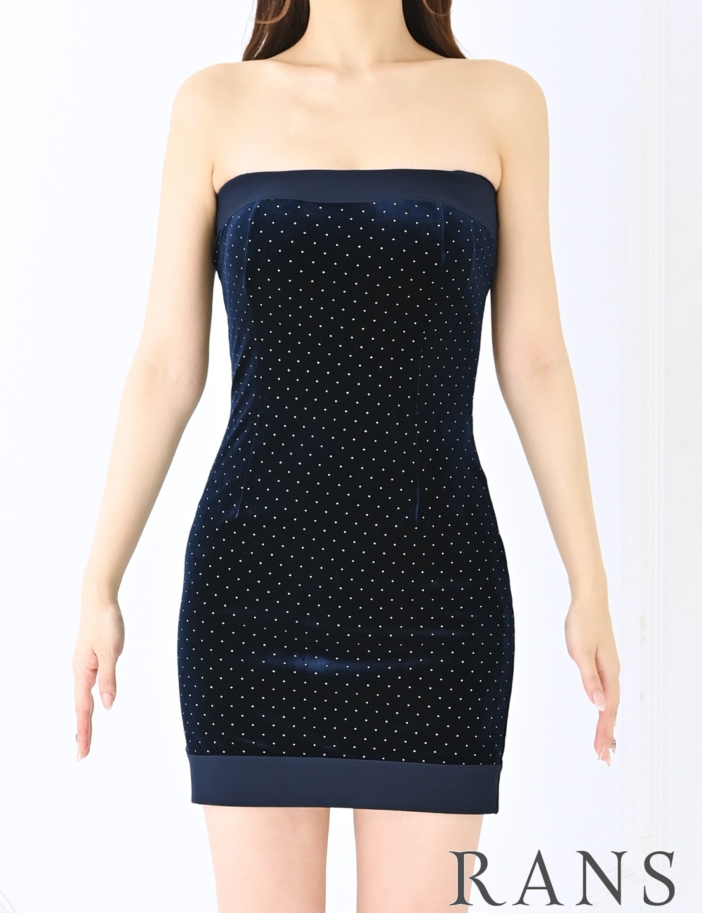 【RANS】ミニ/ドレス/ワンピース/ベア/タイト/ネイビー/ベロア/スタッズ