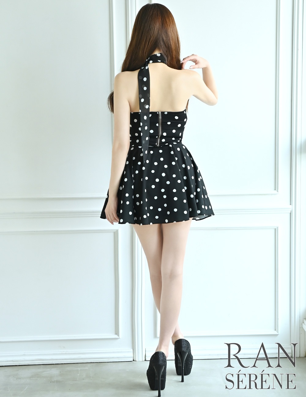 [即納][instock]【RAN SERENE】ミニ/ドレス/セットアップ/ブラック/ベア/フレア/ドレープ/柄/ドット