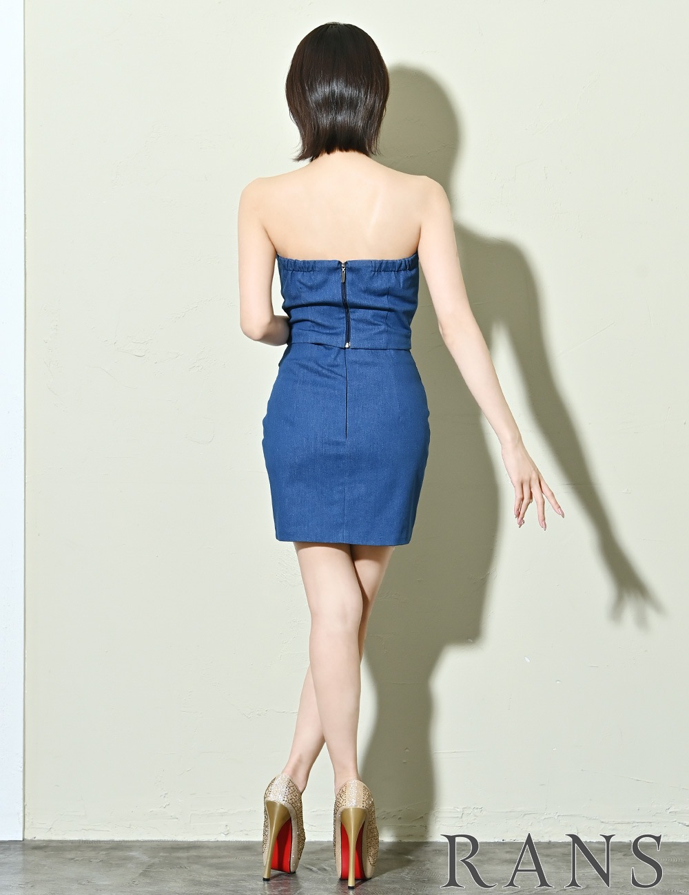 [Sのみ即納][instock]【RANS】ミニ/ドレス/ベア/デニム/ブルー/セットアップ/タイト