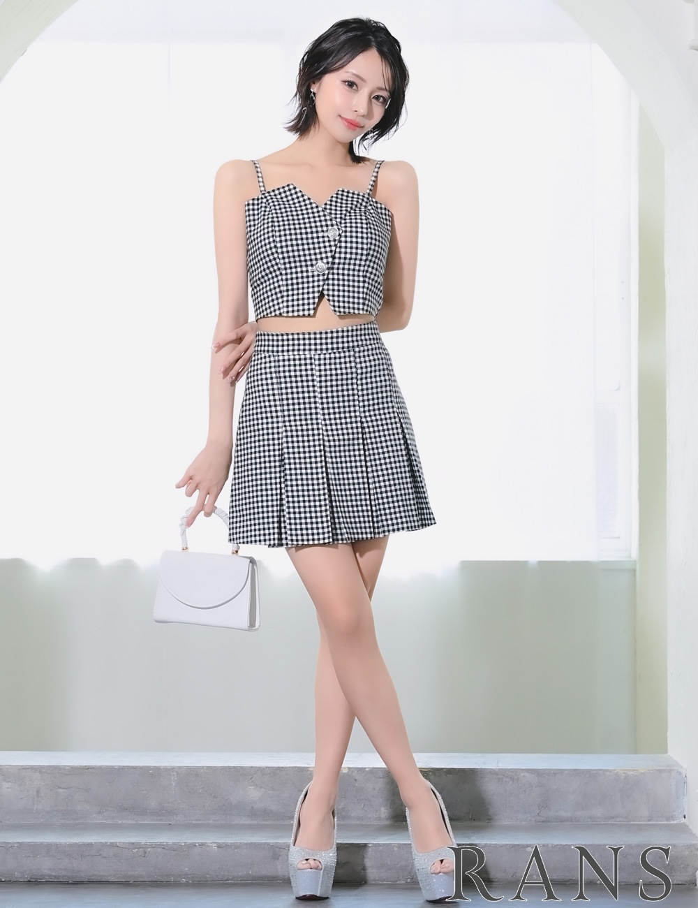 [即納][instock]【RANS】ミニ/ドレス/キャミ/セットアップ/プリーツ/ブラック/ギンガムチェック