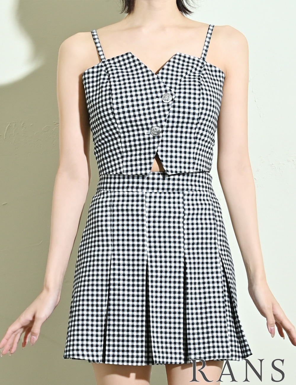 [即納][instock]【RANS】ミニ/ドレス/キャミ/セットアップ/プリーツ/ブラック/ギンガムチェック