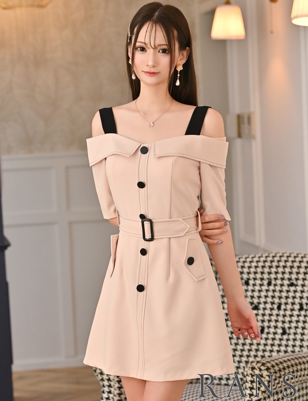 [Sのみ即納][instock]【RAN SERENE】ミニ/ドレス/ワンピース/ピンク/キャミ/ベルト/オフショル/フレア/袖あり