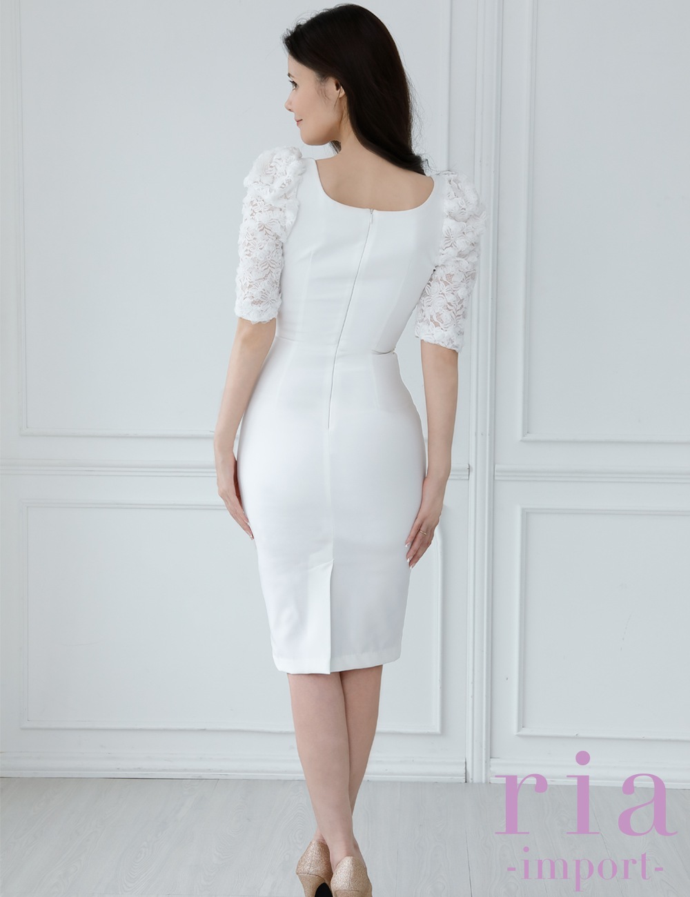 ria】丈長/ドレス/タイト/ワンピース/ホワイト/袖あり/ベルト付き
