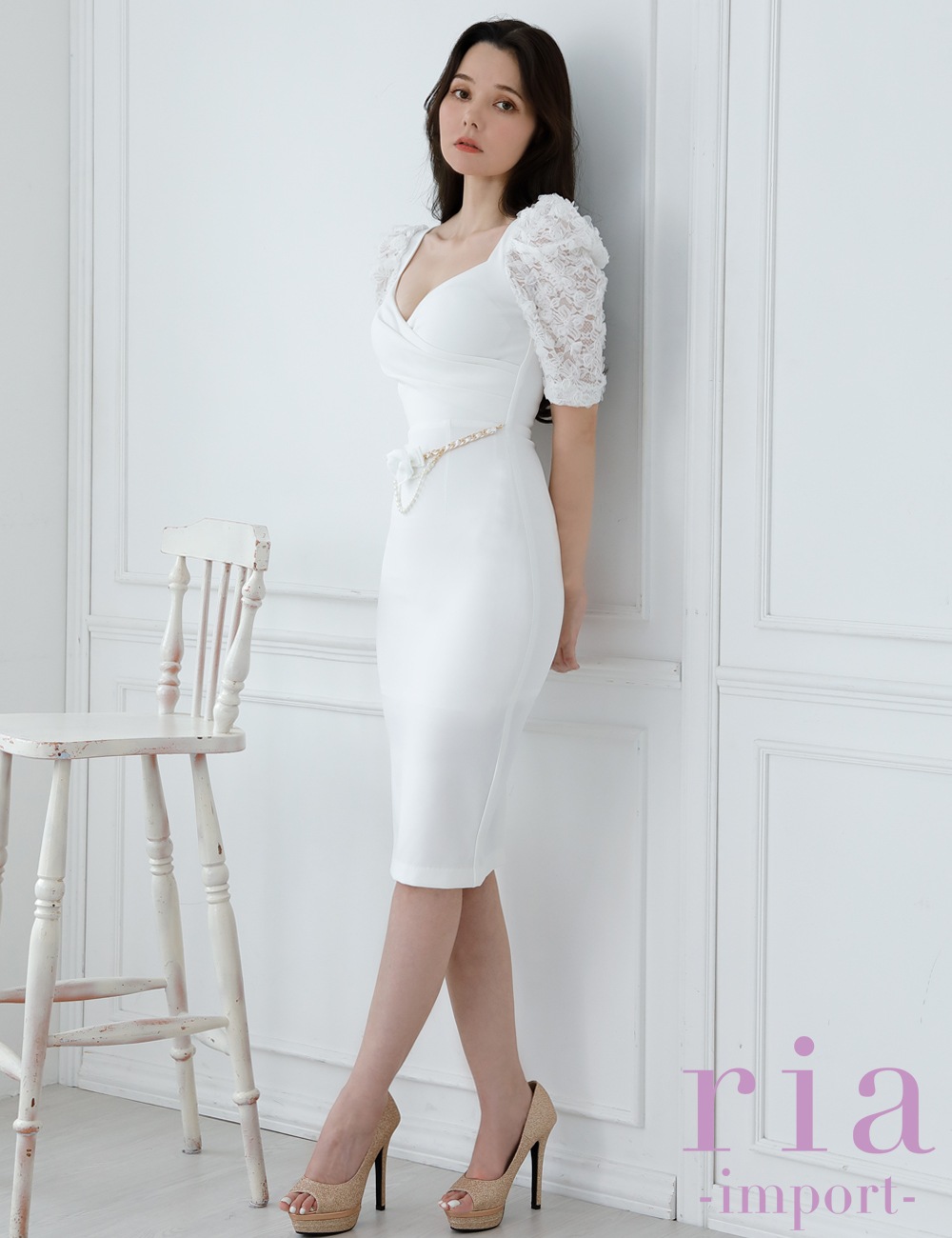 Sのみ即納][instock]【ria】丈長/ドレス/タイト/ワンピース/ホワイト
