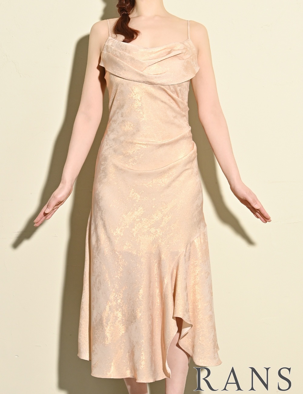 [即納][instock]【RANS】丈長/ロング/ドレス/ワンピース/ゴールド/キャミ/アシンメトリー/ドレープ