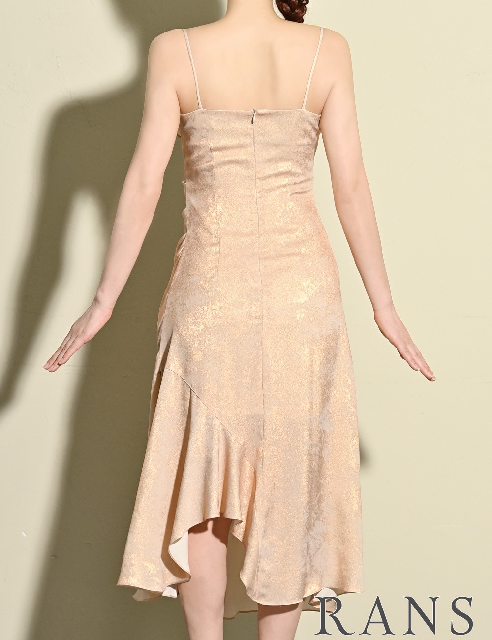 [即納][instock]【RANS】丈長/ロング/ドレス/ワンピース/ゴールド/キャミ/アシンメトリー/ドレープ