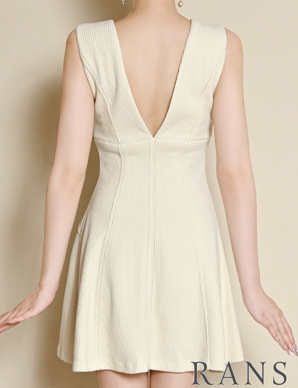 [即納][instock]【RANS】ミニ/ドレス/ワンピース/アイボリー/Vネック/フレア/コーデュロイ