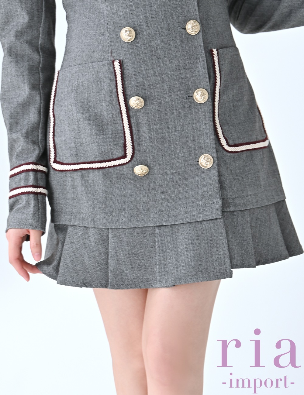 【ria】ミニ/ドレス/ワンピース/グレー/襟付き/袖あり/長袖/フレア