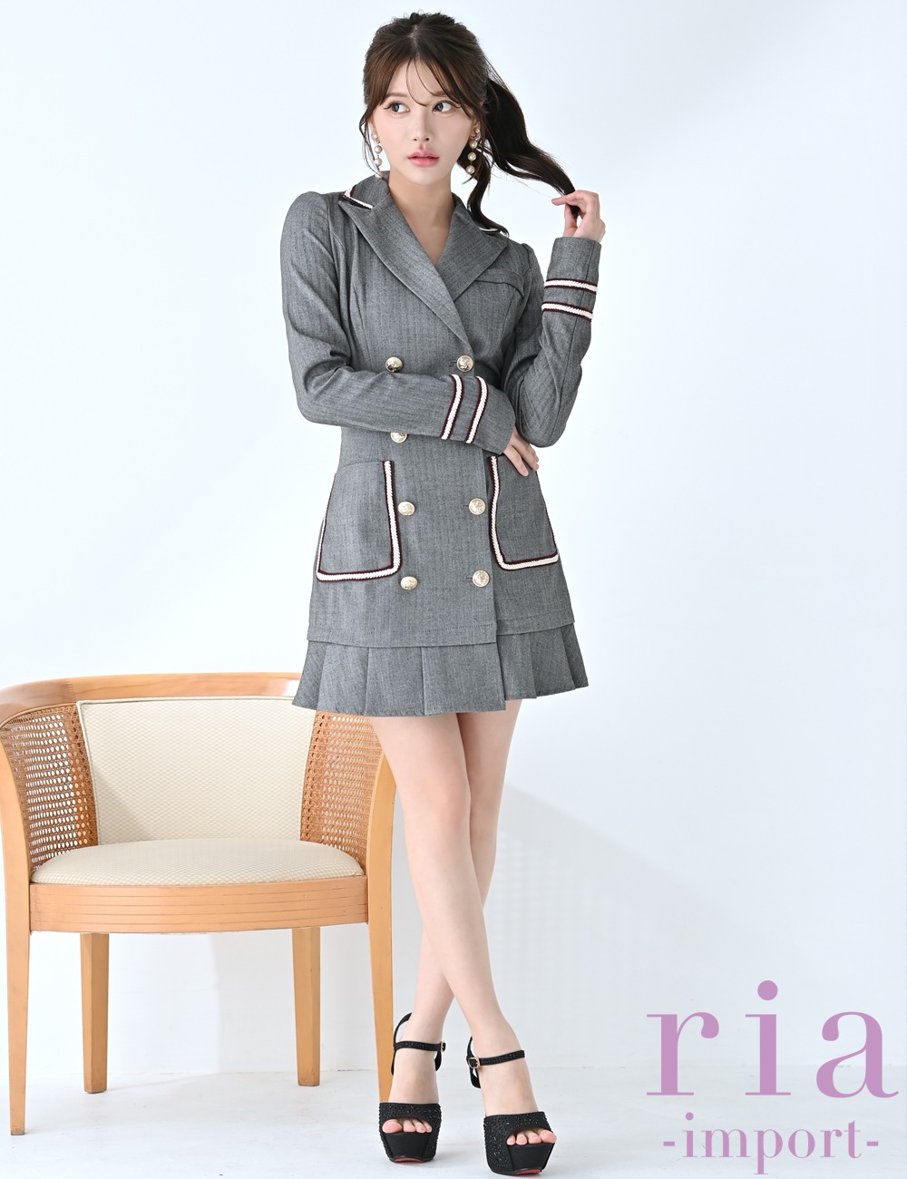 【ria】ミニ/ドレス/ワンピース/グレー/襟付き/袖あり/長袖/フレア