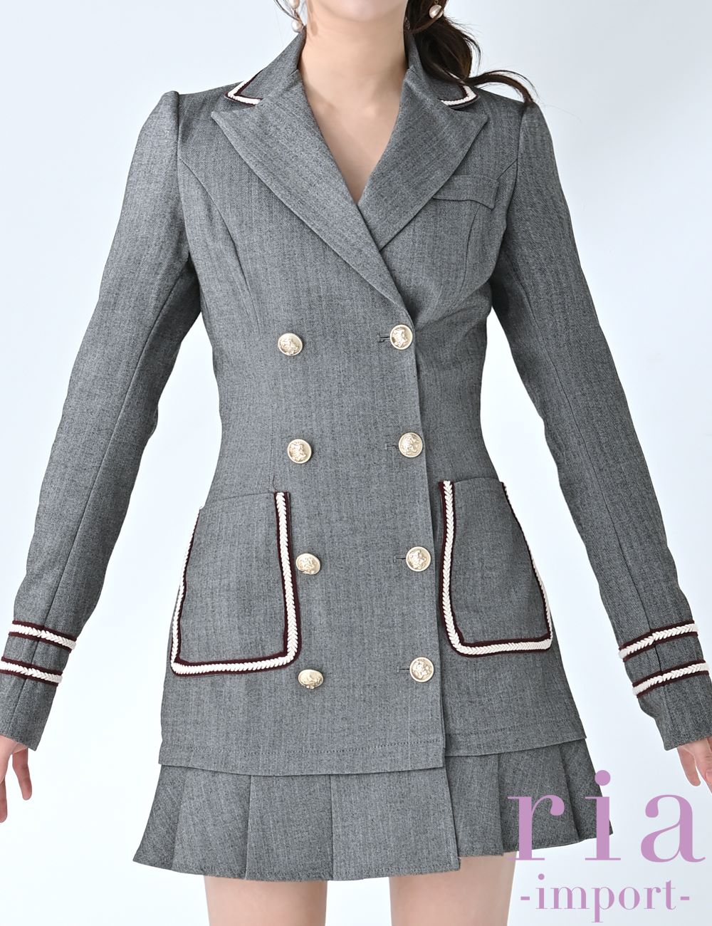 【ria】ミニ/ドレス/ワンピース/グレー/襟付き/袖あり/長袖/フレア