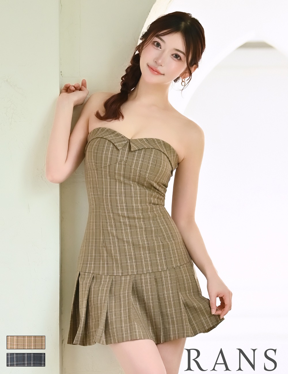 [Sのみ即納][instock]【RAN SERENE】ミニ/ドレス/ワンピース/ベージュ/ベア/フレア/柄/チェック