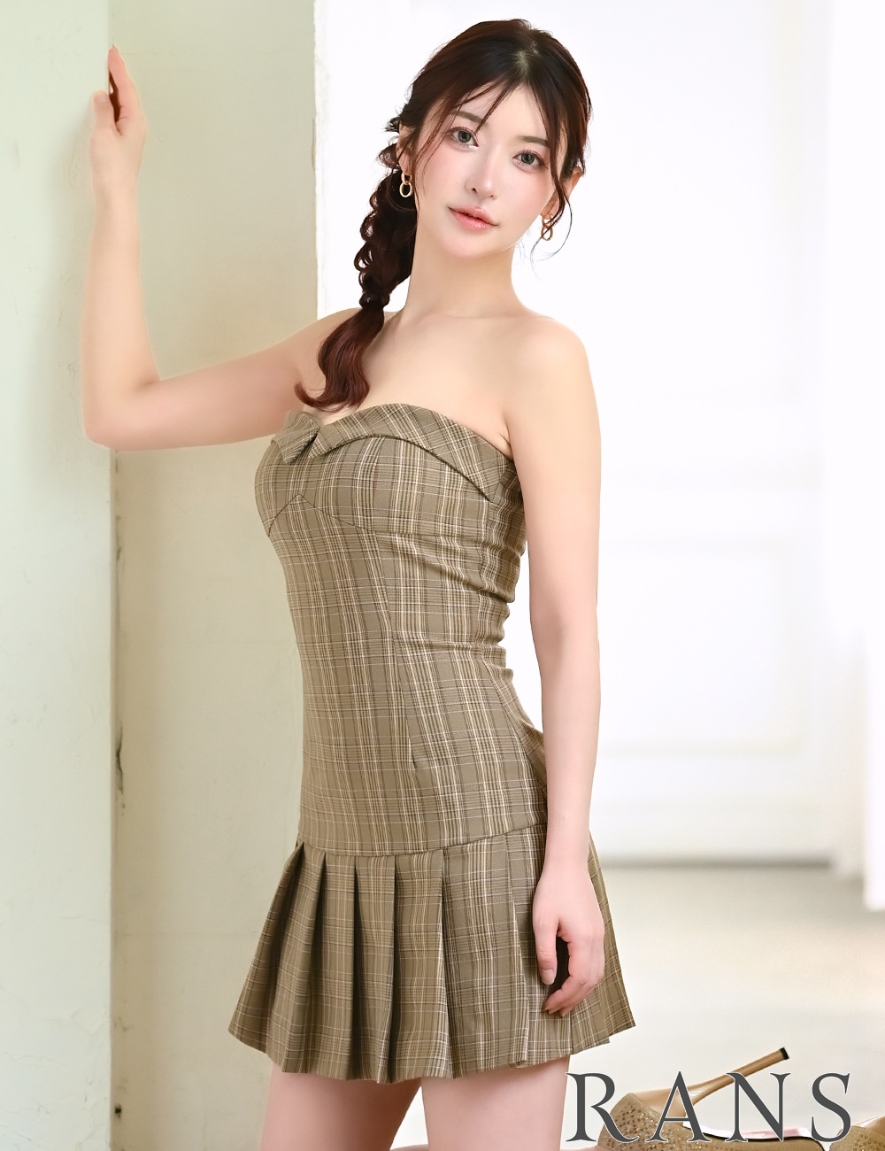 [Sのみ即納][instock]【RAN SERENE】ミニ/ドレス/ワンピース/ベージュ/ベア/フレア/柄/チェック