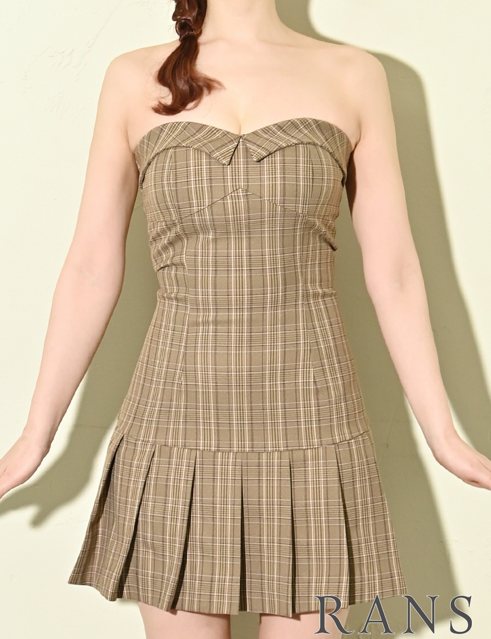 [Sのみ即納][instock]【RAN SERENE】ミニ/ドレス/ワンピース/ベージュ/ベア/フレア/柄/チェック