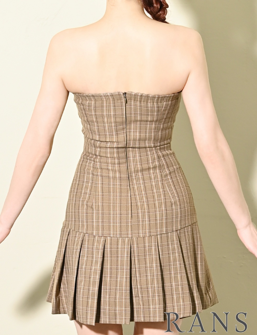 [Sのみ即納][instock]【RAN SERENE】ミニ/ドレス/ワンピース/ベージュ/ベア/フレア/柄/チェック