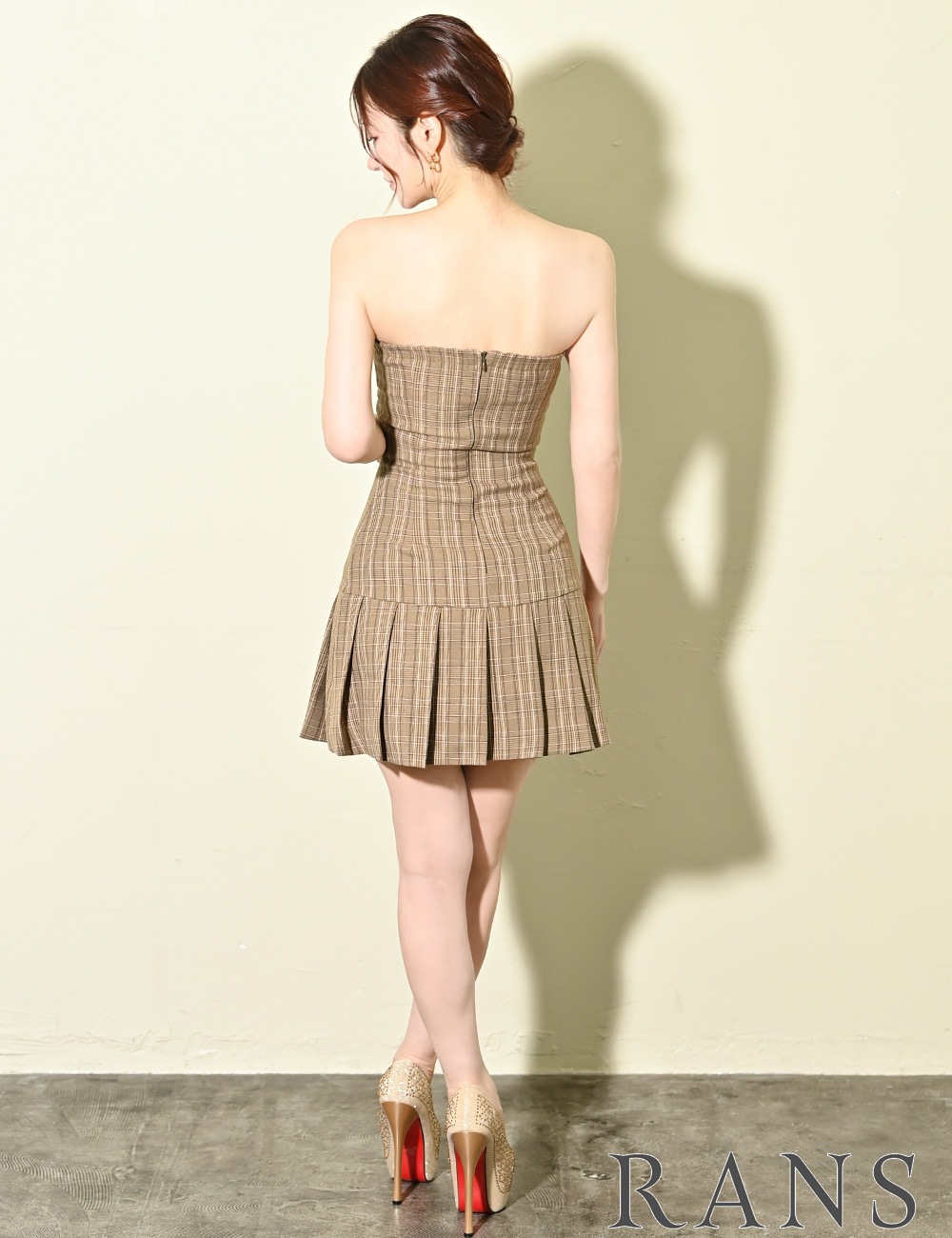 [Sのみ即納][instock]【RAN SERENE】ミニ/ドレス/ワンピース/ベージュ/ベア/フレア/柄/チェック