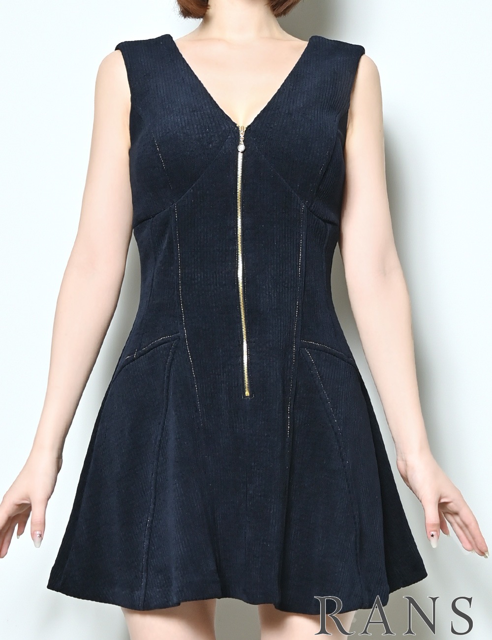 [即納][instock]【RANS】ミニ/ドレス/ワンピース/ネイビー/Vネック/フレア/コーデュロイ