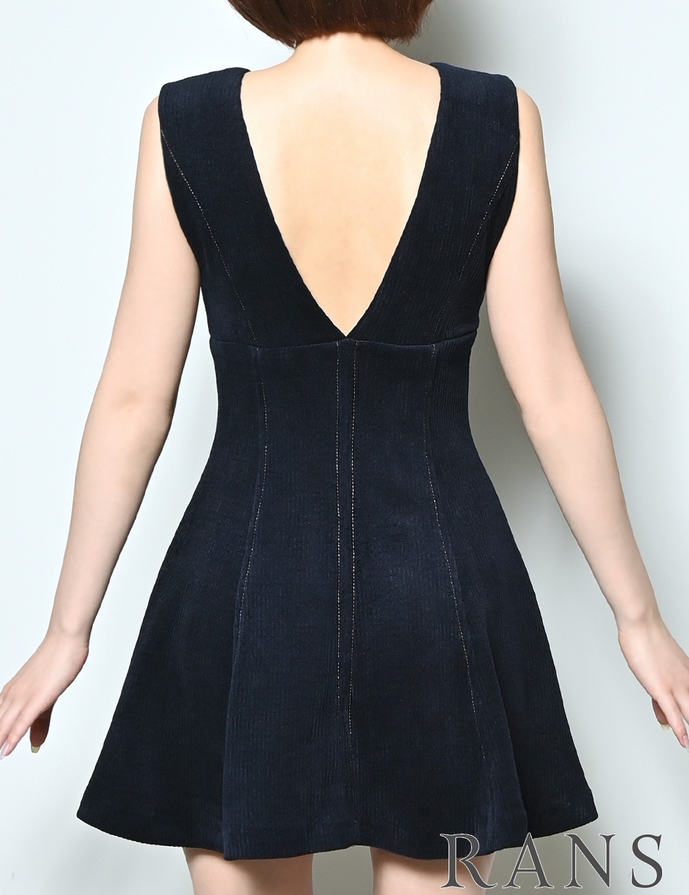 [即納][instock]【RANS】ミニ/ドレス/ワンピース/ネイビー/Vネック/フレア/コーデュロイ