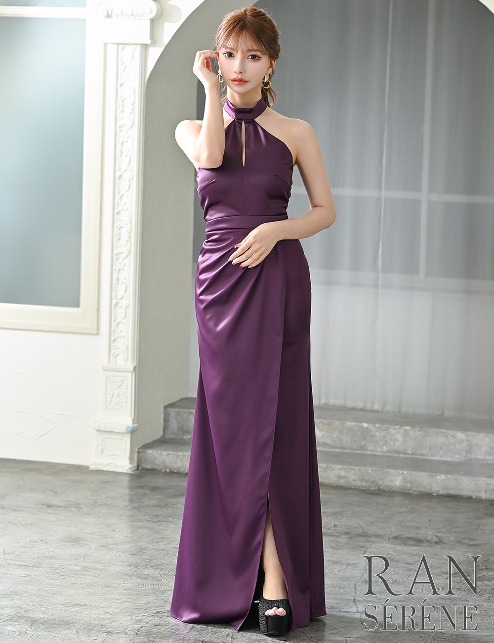 [即納][instock]【RAN SERENE】ロング/ドレス/ワンピース/パープル/ホルターネック/タイト/サテン/スリット