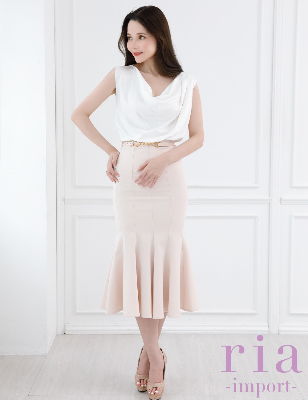 【ria】丈長/ドレス/セットアップ/ホワイト/ベージュ/マーメイドライン/ベルト付き