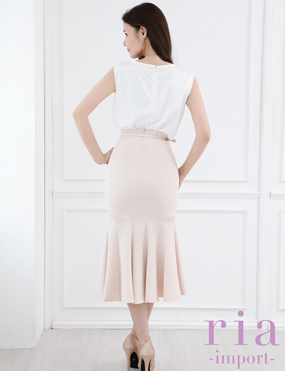【ria】丈長/ドレス/セットアップ/ホワイト/ベージュ/マーメイドライン/ベルト付き