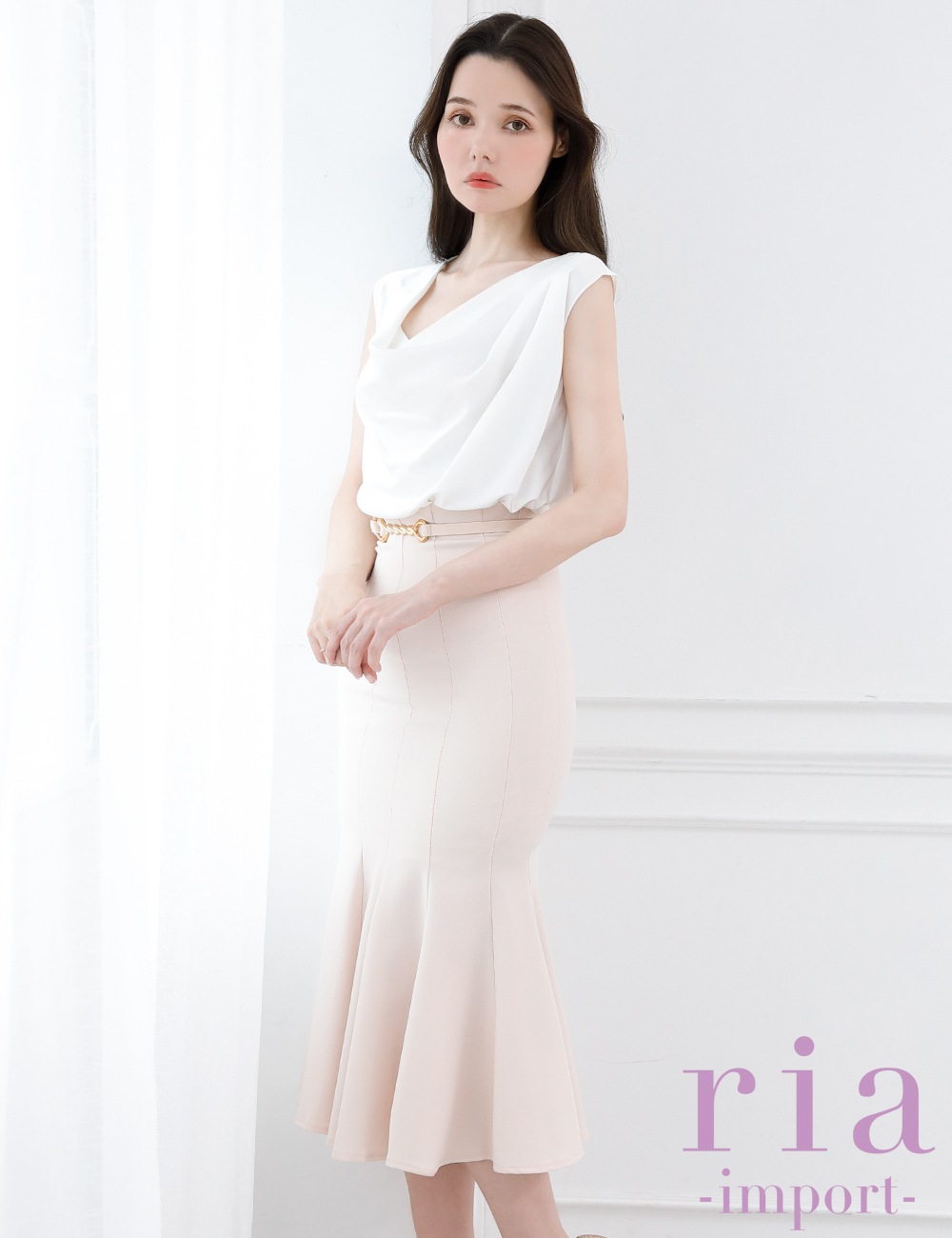 【ria】丈長/ドレス/セットアップ/ホワイト/ベージュ/マーメイドライン/ベルト付き