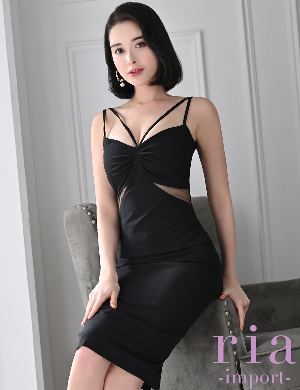 [instock]【ria】丈長/ドレス/ワンピース/ブラック/キャミ/サイドシアー/Vネック/クロスコード