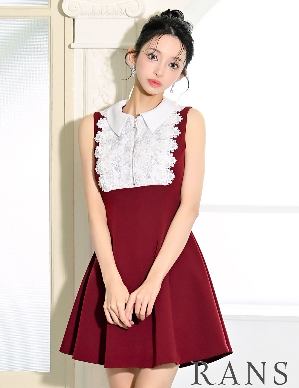 [即納][instock]【RANS】ミニ/ドレス/ワンピース/レッド/襟付き/フレア/レース