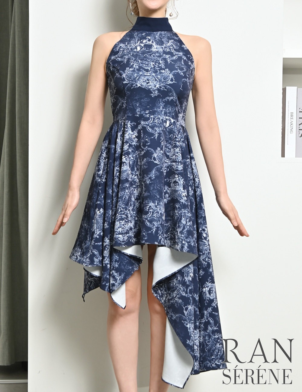[即納][instock]【RAN SERENE】丈長/ミニ/ドレス/ワンピース/ネイビー/アメスリ/フレア/アシンメトリー/柄/トワルドジュイ