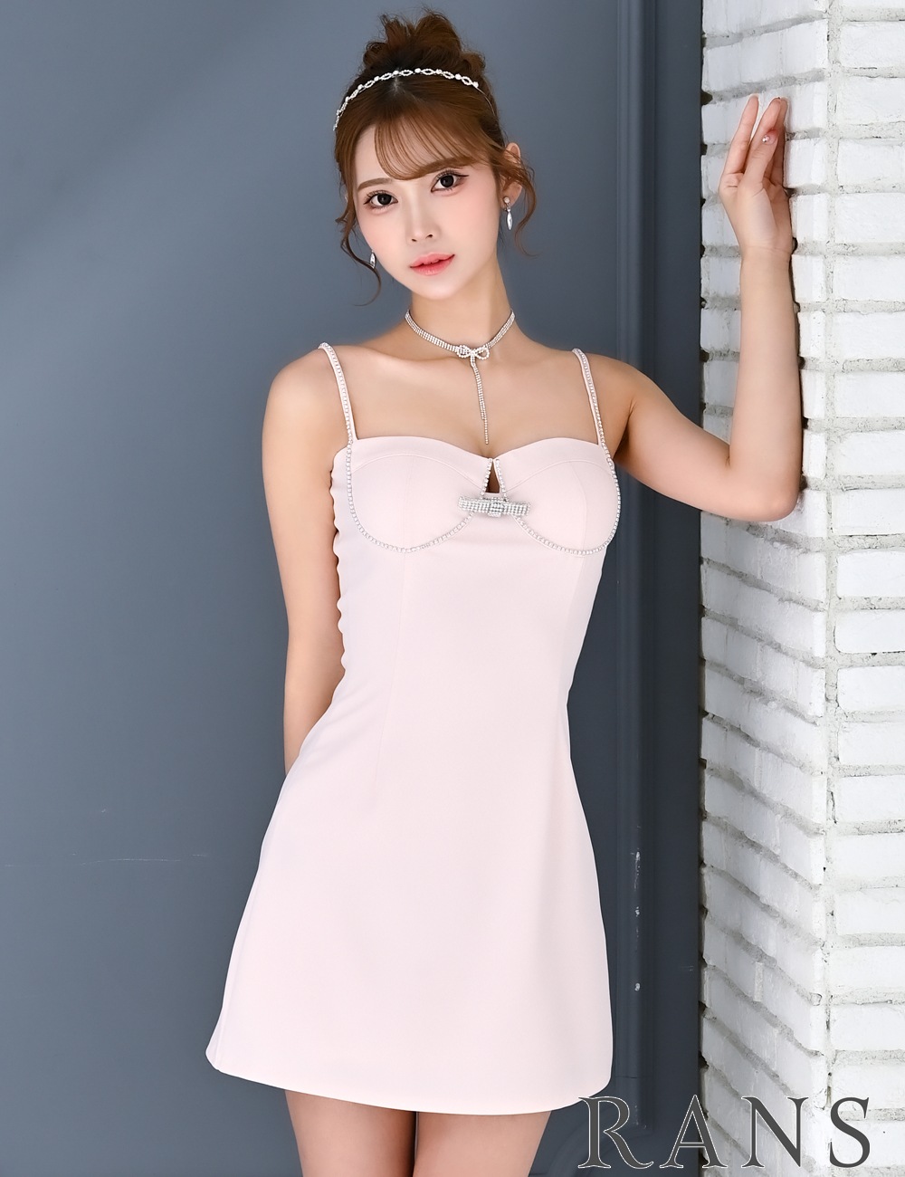 [Mのみ即納][instock]【RANS】ミニ/ドレス/ワンピース/フレア/ピンク/ビジュー/リボン