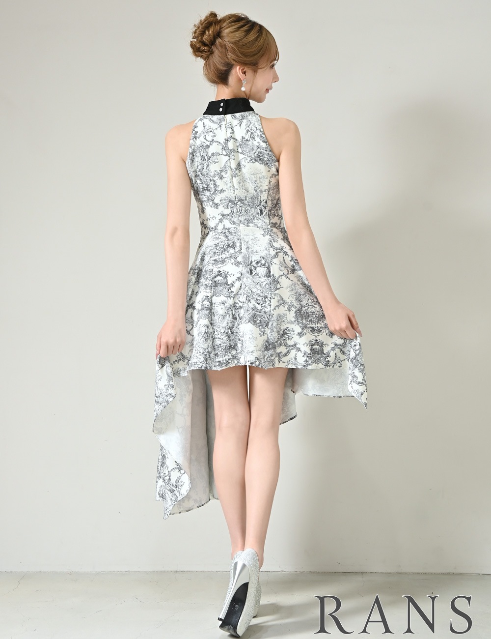 [即納][instock]【RANS】丈長/ミニ/ドレス/ワンピース/ブラック/アメスリ/フレア/アシンメトリー/柄/トワルドジュイ