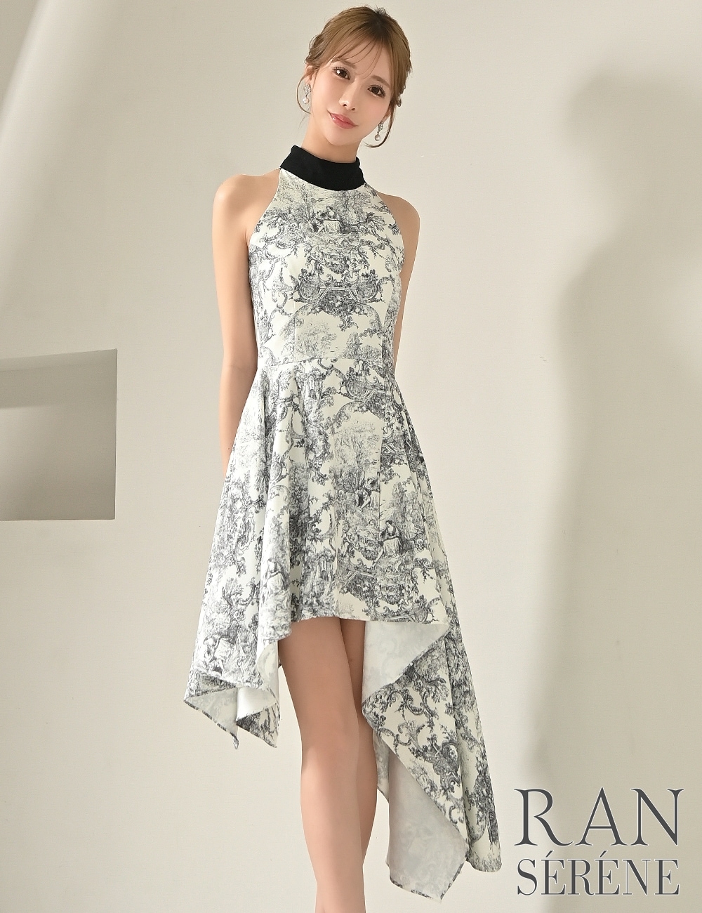 [Sのみ即納][instock]【RAN SERENE】丈長/ミニ/ドレス/ワンピース/ブラック/アメスリ/フレア/アシンメトリー/柄/トワルドジュイ