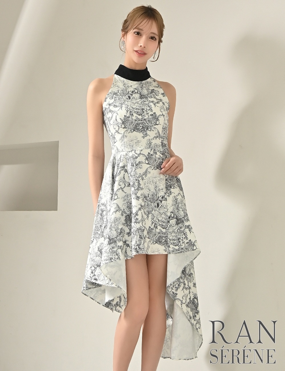 [Sのみ即納][instock]【RAN SERENE】丈長/ミニ/ドレス/ワンピース/ブラック/アメスリ/フレア/アシンメトリー/柄/トワルドジュイ