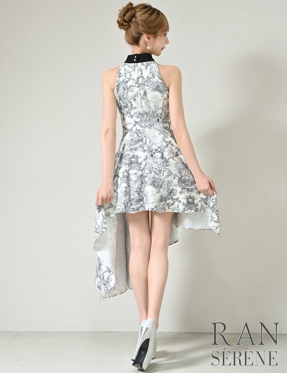 [Sのみ即納][instock]【RAN SERENE】丈長/ミニ/ドレス/ワンピース/ブラック/アメスリ/フレア/アシンメトリー/柄/トワルドジュイ