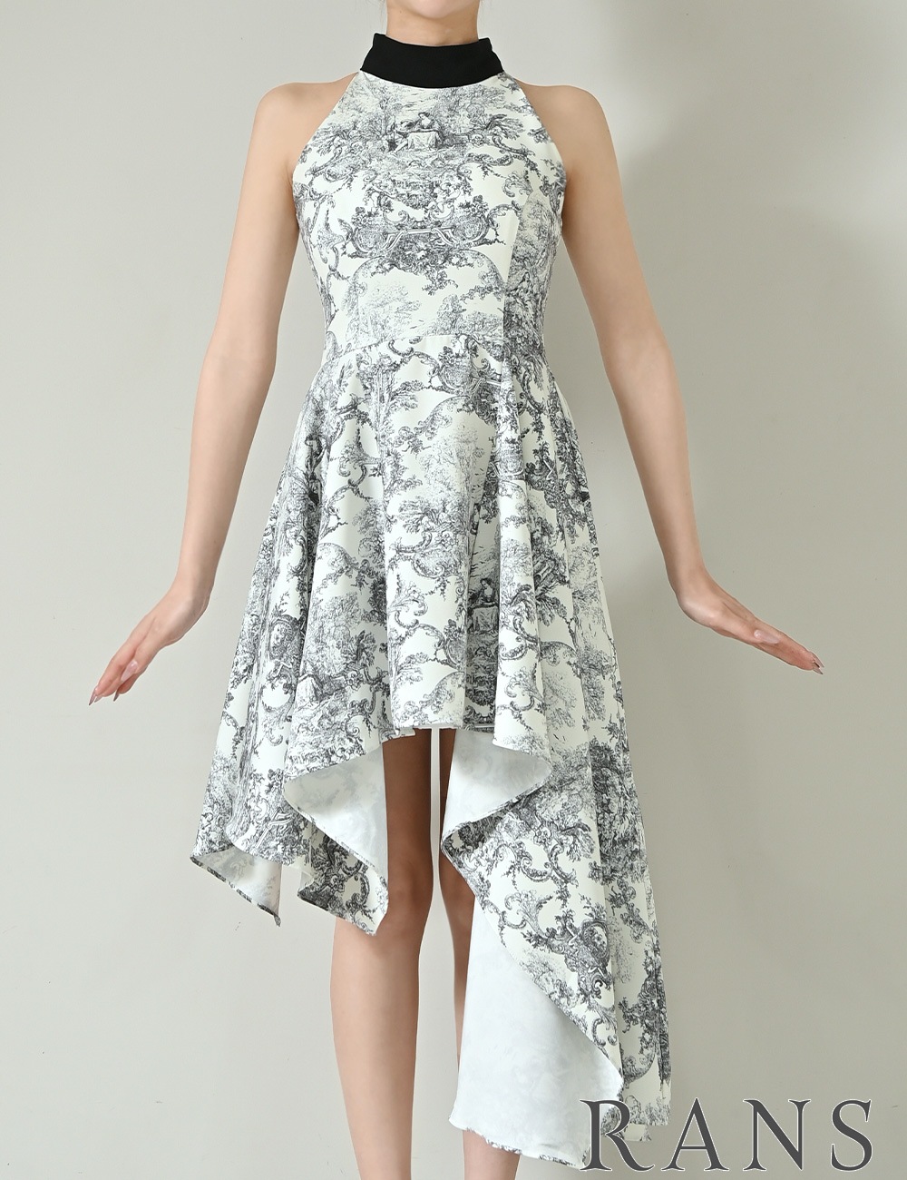 [即納][instock]【RANS】丈長/ミニ/ドレス/ワンピース/ブラック/アメスリ/フレア/アシンメトリー/柄/トワルドジュイ