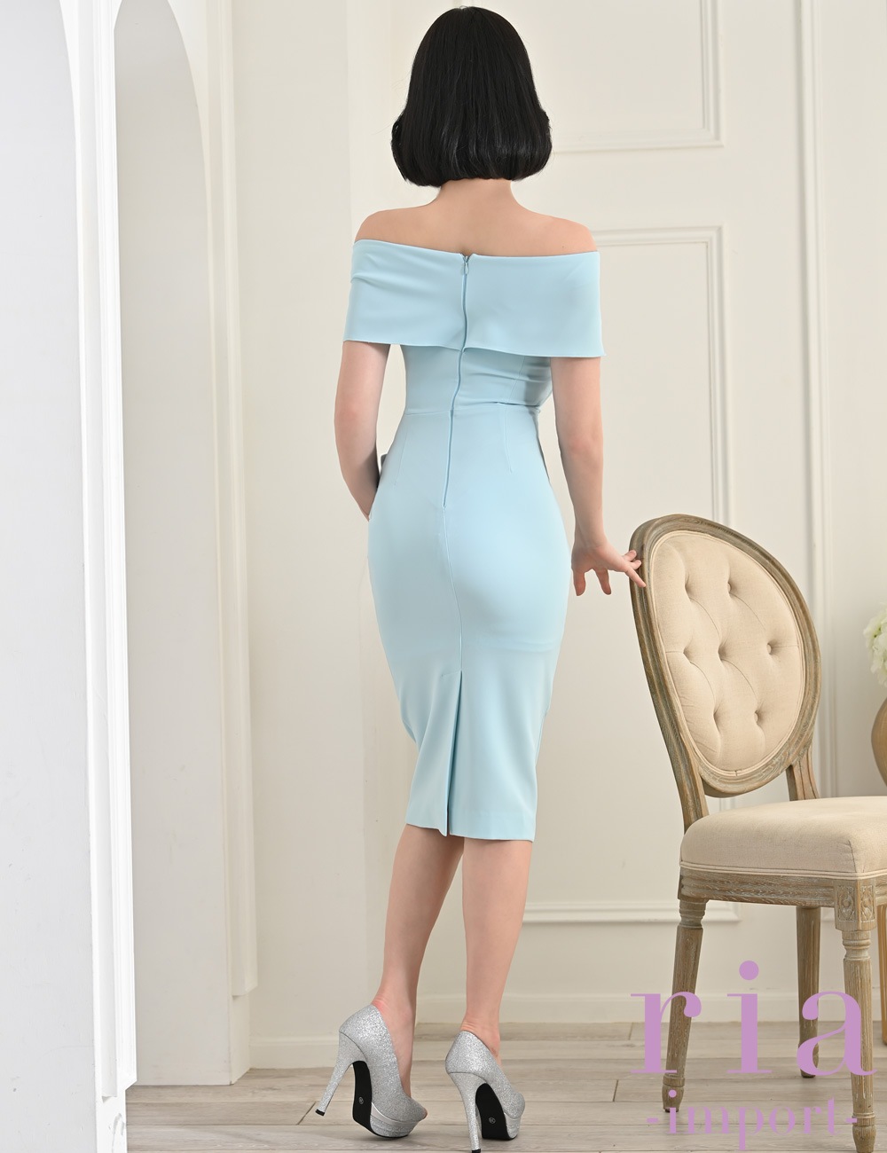 ria】丈長/ドレス/オフショル/ワンピース/タイト/ブルー