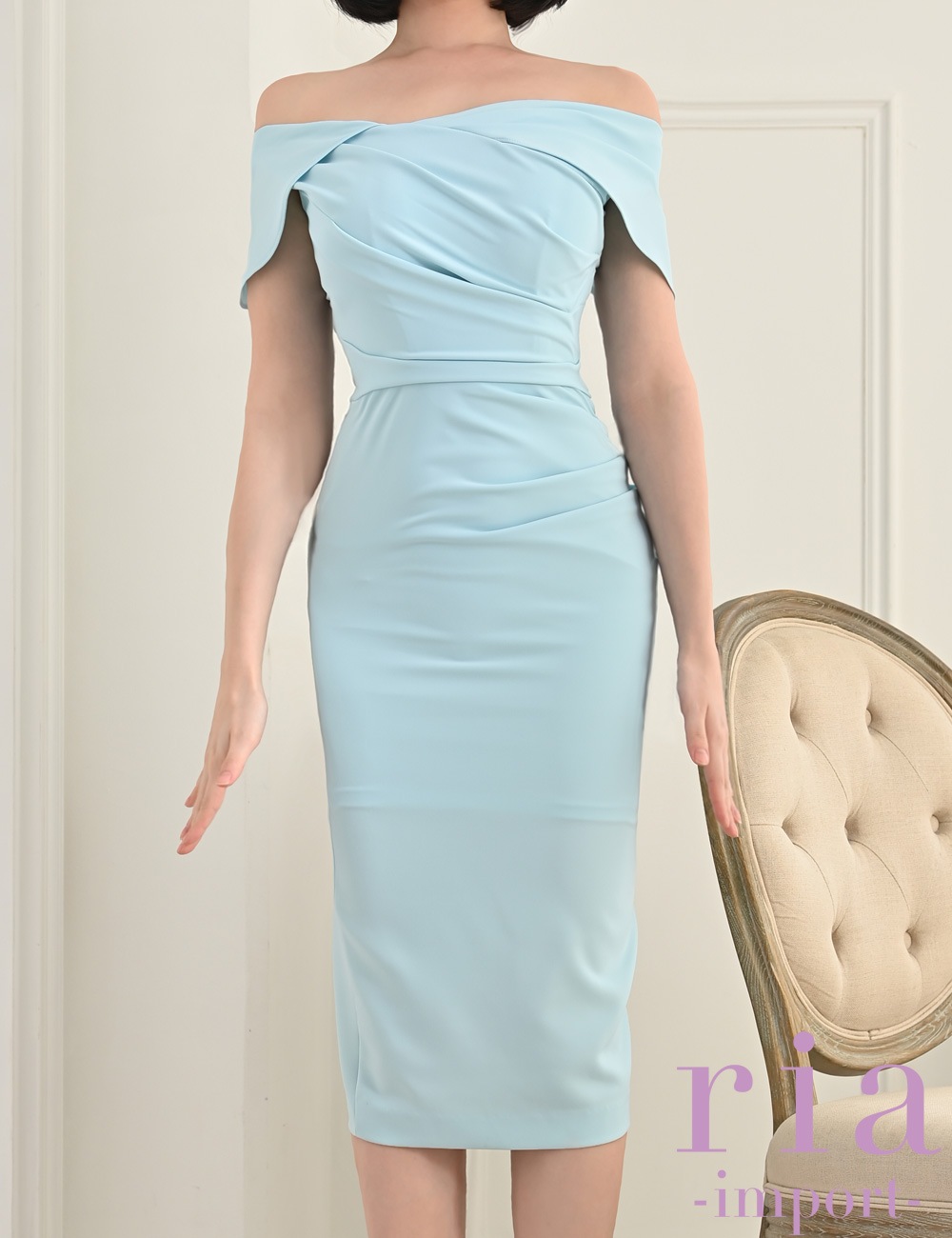 【ria】丈長/ドレス/オフショル/ワンピース/タイト/ブルー/ドレープ