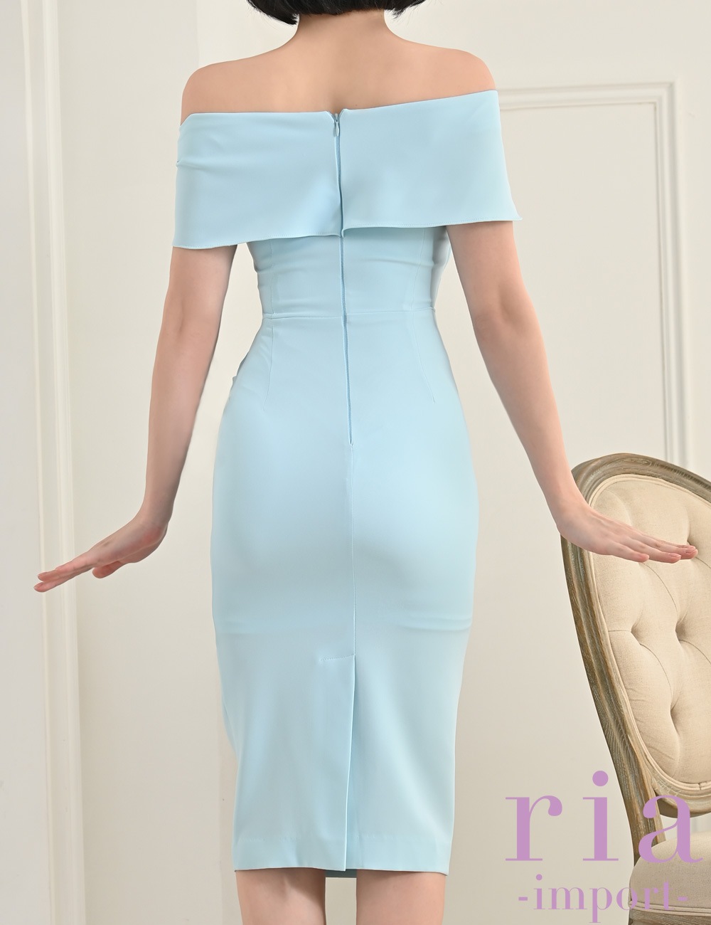 【ria】丈長/ドレス/オフショル/ワンピース/タイト/ブルー/ドレープ