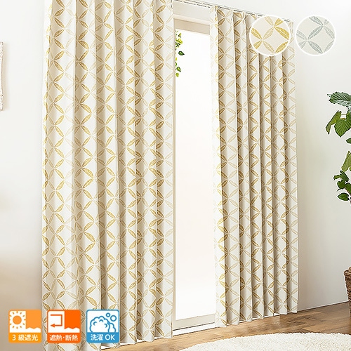 カーテン Hyg リーフモチーフを規則的に並べた3級遮光カーテン HYGGE