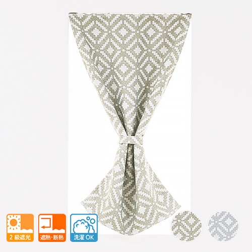 モダンな幾何学模様の2級遮光カフェカーテン「マラケシュ」ベージュ